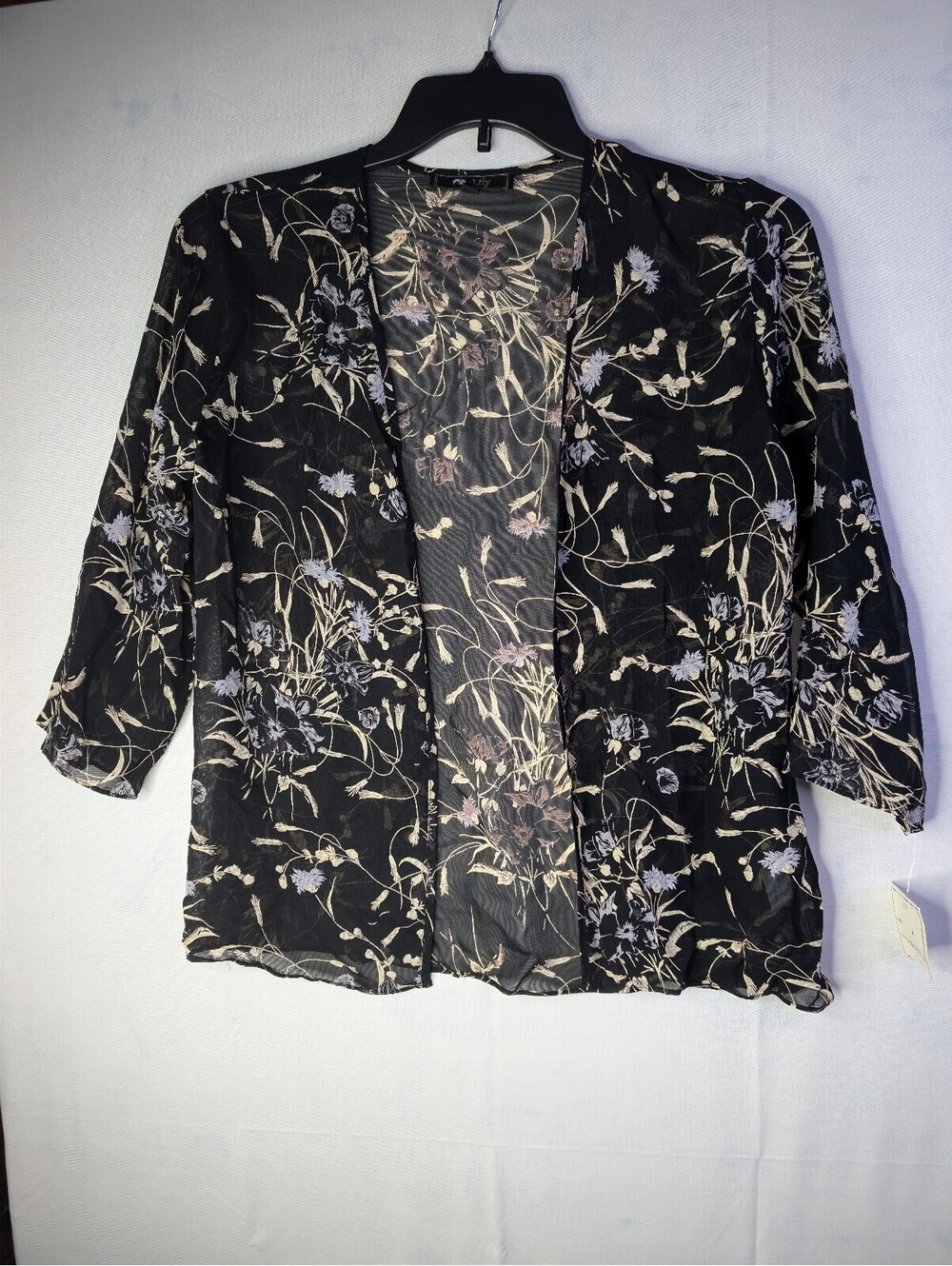 Lily Medium Black Sheer Floral Open Front Cardigan